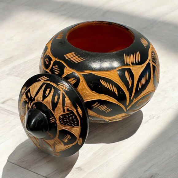 Carved Dark Wood Round Jar Container Box with Lid Boho Eclectic Decor - Picture 3 of 5